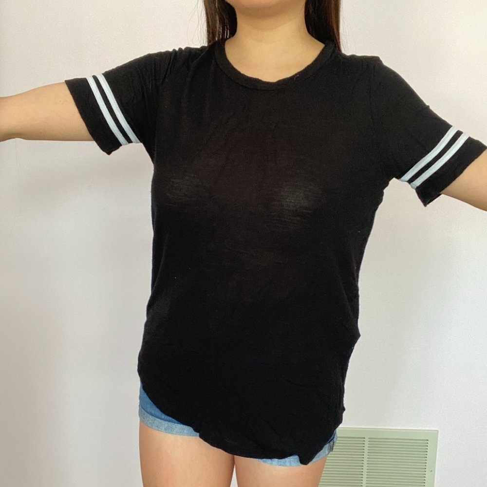 Black T-Shirt with White Striped Sleeves